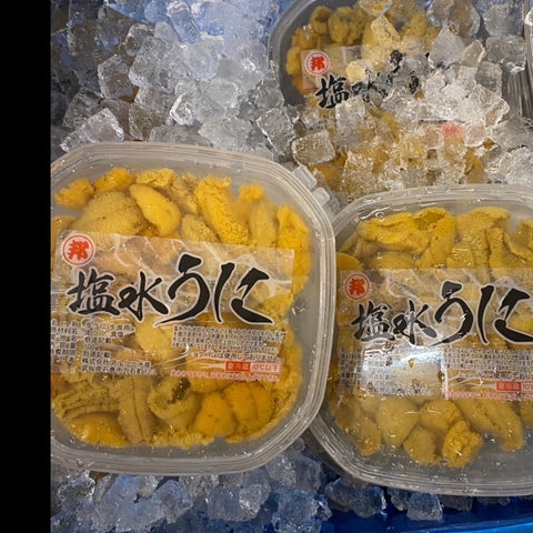 氷上に並ぶ北海道産 塩水ムラサキウニ100g｜豊洲Okawari鮮魚店