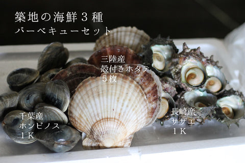 海鮮 バーベキューセット 中 豊洲直送 3種類2.5kg（ホンビノス1kg・サザエ1kg・ホタテ5枚）バーベーキュー【bbqset-chu BBQセット】 冷蔵